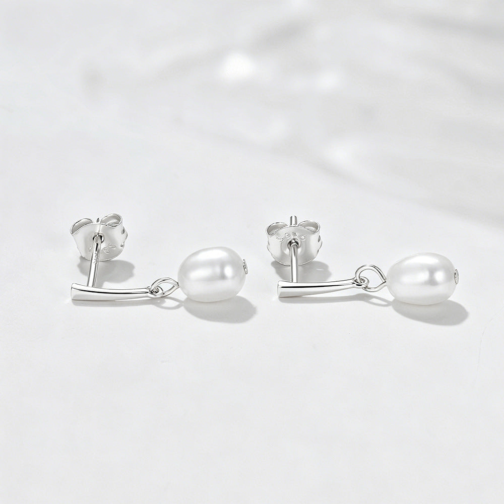 S925 Sterling Silver Freshwater Pearl Stud Earrings Femininity Cold Wind Geometric Pearl Earrings