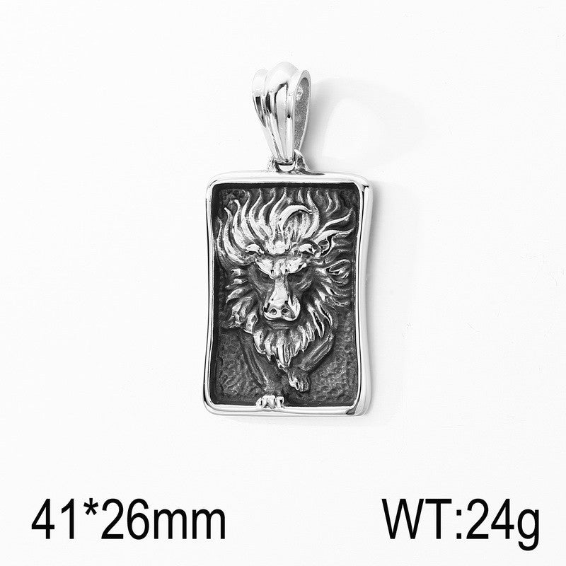 Punk Style Retro Casting Lion Tag, Smearing Oil Animal Square Brand Stainless Steel Necklace