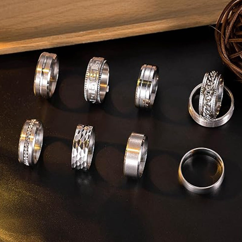Planderful Everyday Genie Nine-Piece Decompression Rotation Ring Set For Unisex Stainless Steel Fade Resistant