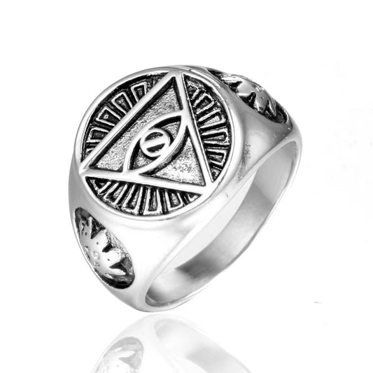 Planderful Masonic Ring For Men Premium Polished Titanium Steel With Eye Of God Sun Ray Motif