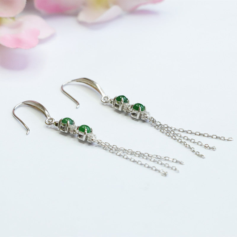Sterling Silver Double Natural King Green Jade Round Bead Tassel Earrings