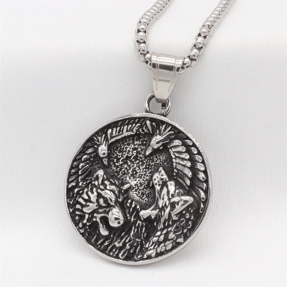 Nordic Viking Celtic Wolf and Crow Pendant for Men in Titanium Steel