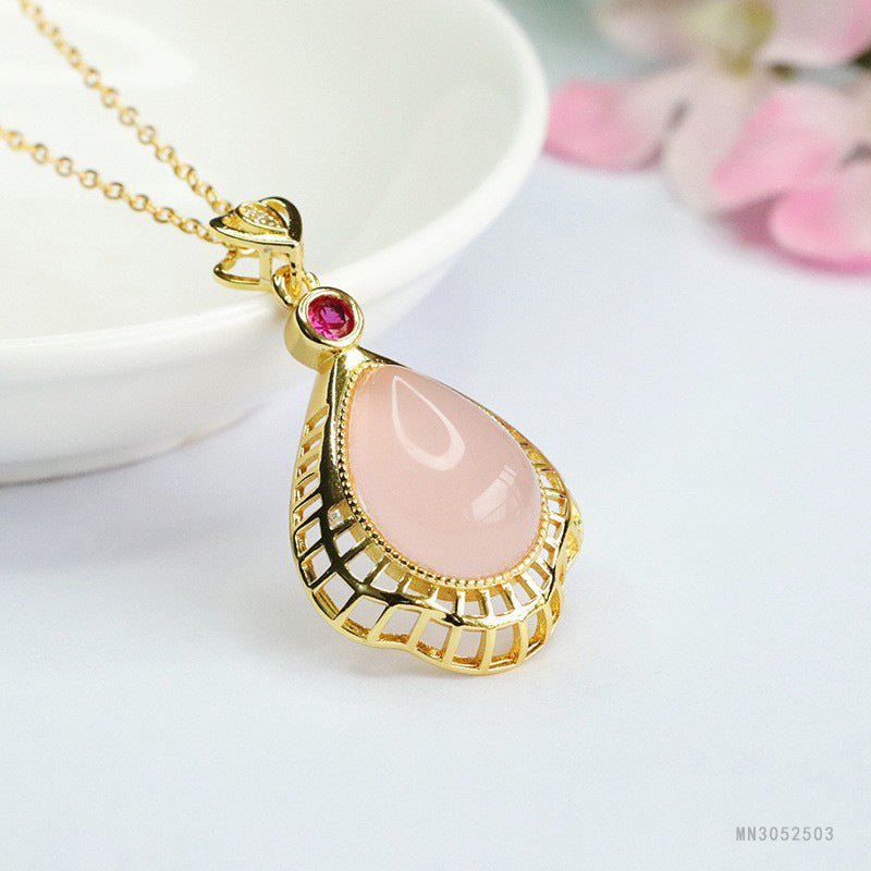 Pink Chalcedony Openwork Teardrop Pendant — No Chain