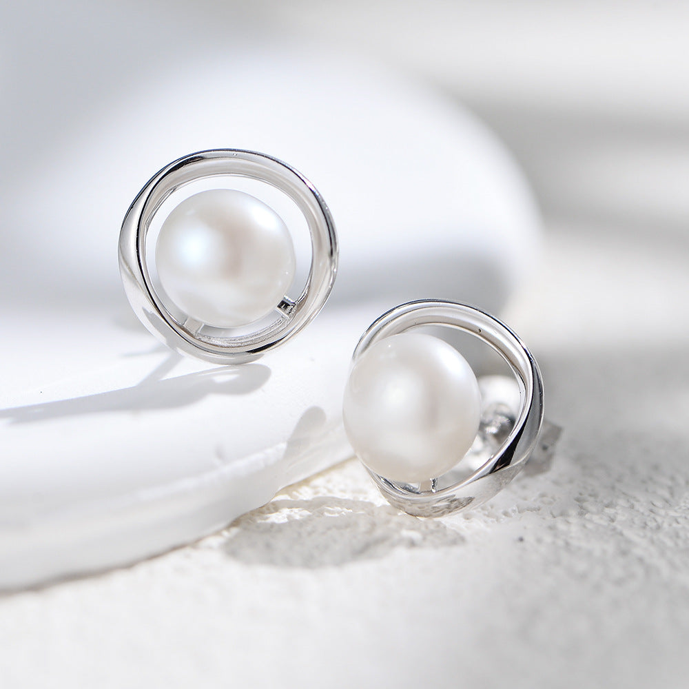 Planderful Natural French Round Pearl Stud Earrings In Sterling Silver For Women Versatile Elegant Everyday Accessory