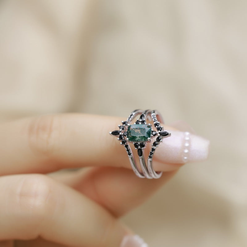 Planderful Jewelry Green Moss Agate Sterling Silver Ring Natural Rectangle V Shape Elegant Modern Ring