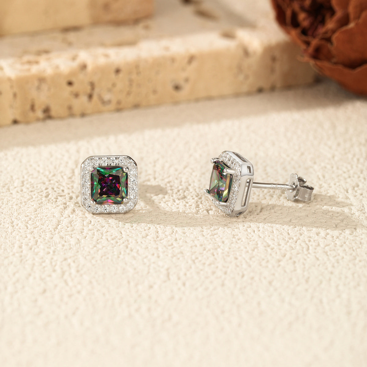 925 Sterling Silver Multicolor Square Stud Earrings