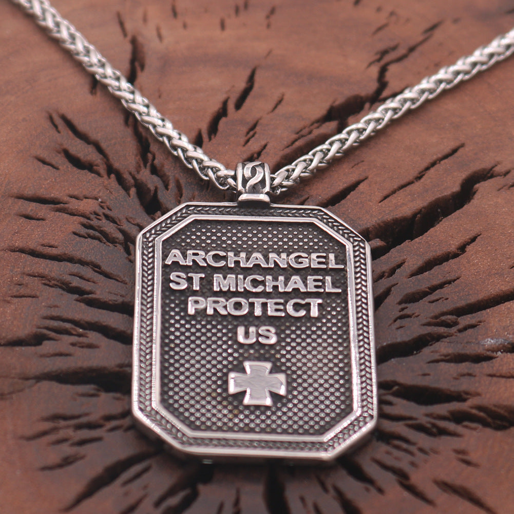 Mythical Angel Shield Pendant Necklace with Norse Runes Stainless Steel Chain