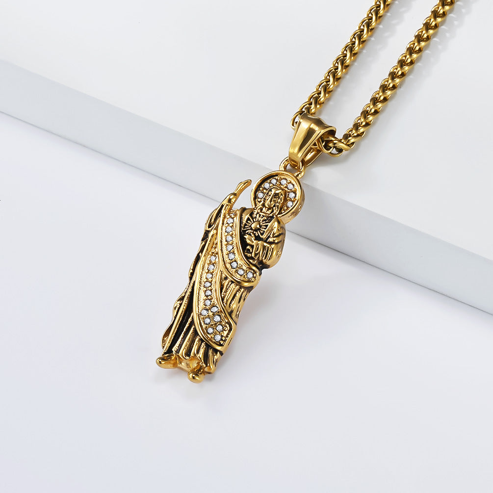 Planderful Stainless Steel Zircon Pendant Necklace Unisex Retro Style Durable Jewelry