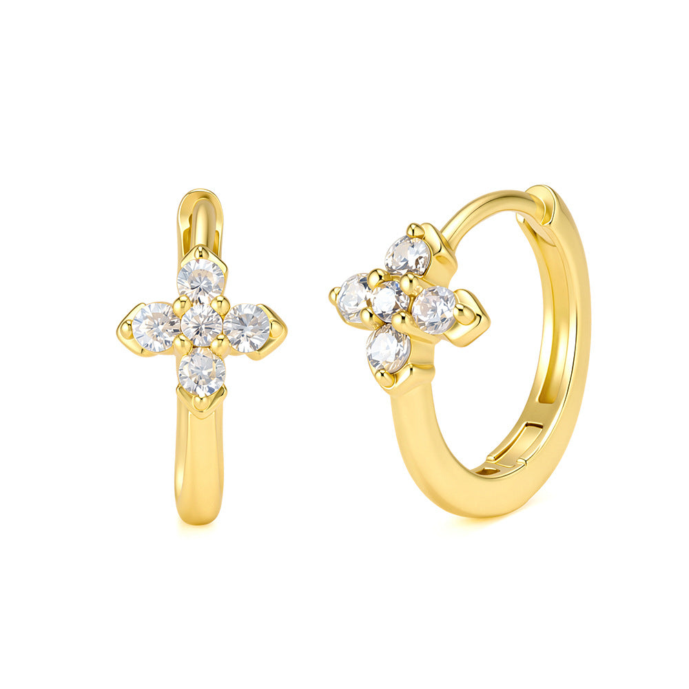 S925 Sterling Silver Plated 14k Gold Clover Ear Buckle Commuter Zircon Flower Earrings