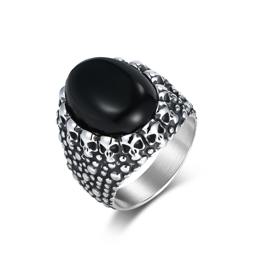 Punk Skull Tiger Eye Stone Stainless Steel Ring Men's Dark Street