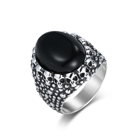 Punk Skull Tiger Eye Stone Stainless Steel Ring Men's Dark Street