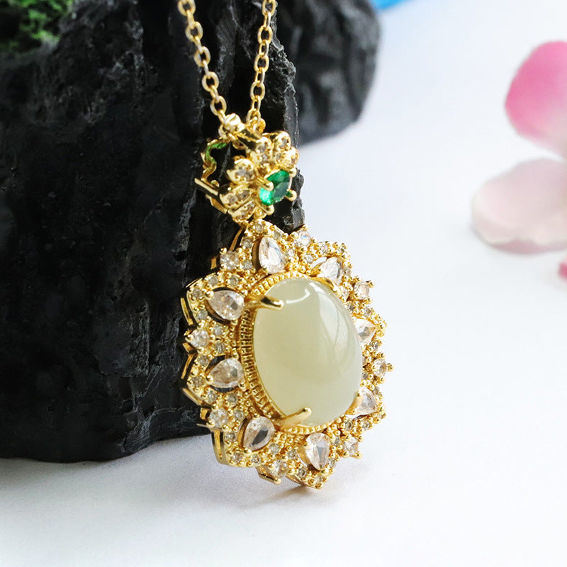 Hetian Jade Zircon Flower Pendant Jewelry Oval Pendant