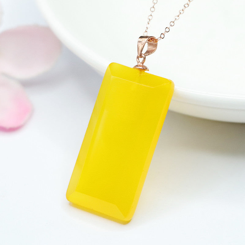 Yellow Chalcedony Square Peace Plaque Silver Pendant — No Chain