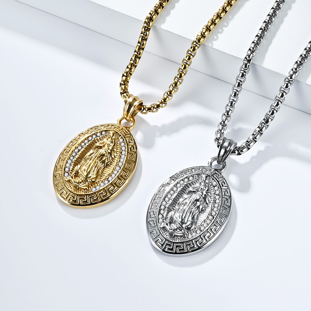 Planderful Virgin Mary Necklace Titanium Steel For Men With Retro Great Wall Pattern Pendant