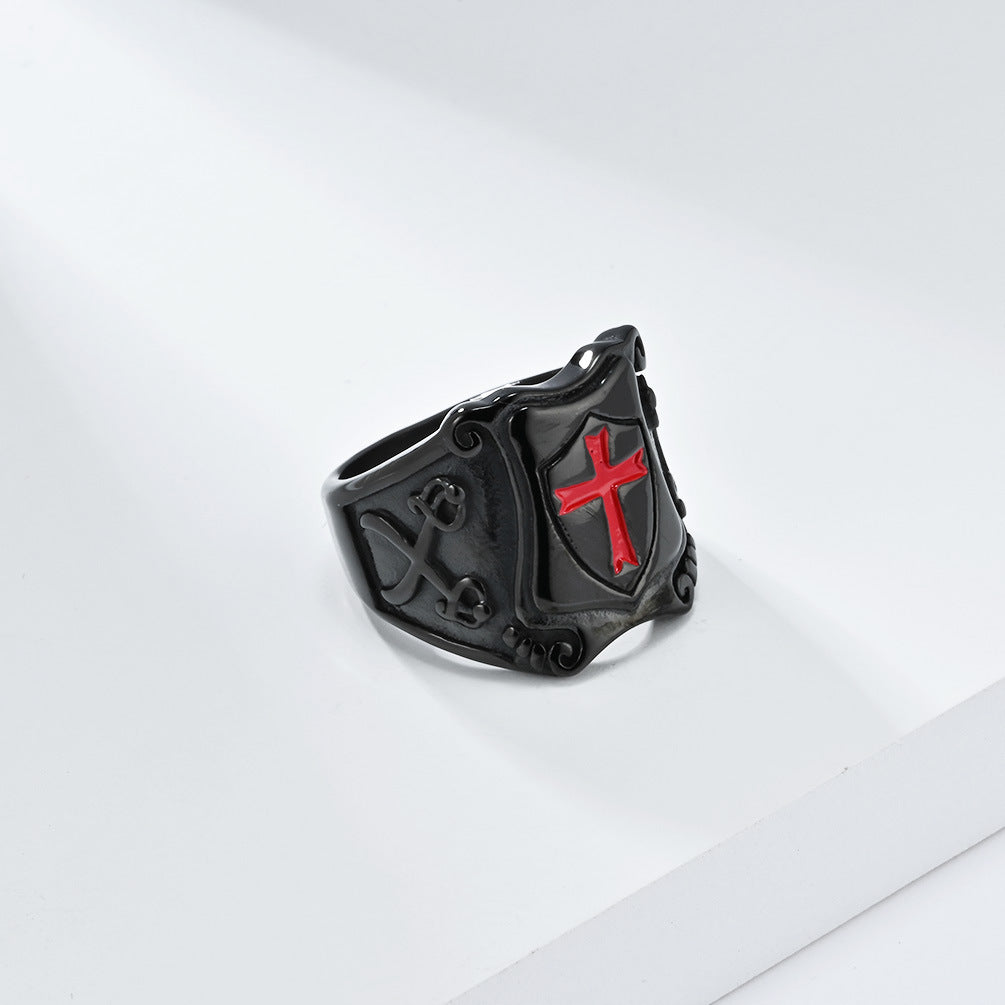 Steel Ring – Statement Cross Shield Punk Military Style For Men Retro Armor Edition By Planderful