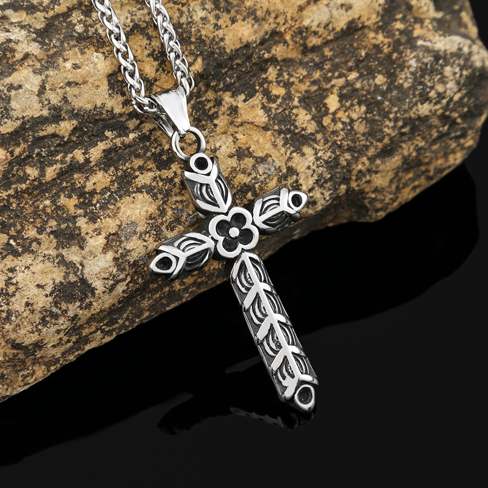 Stainless Steel Cross Flower Necklace for Men with Chain