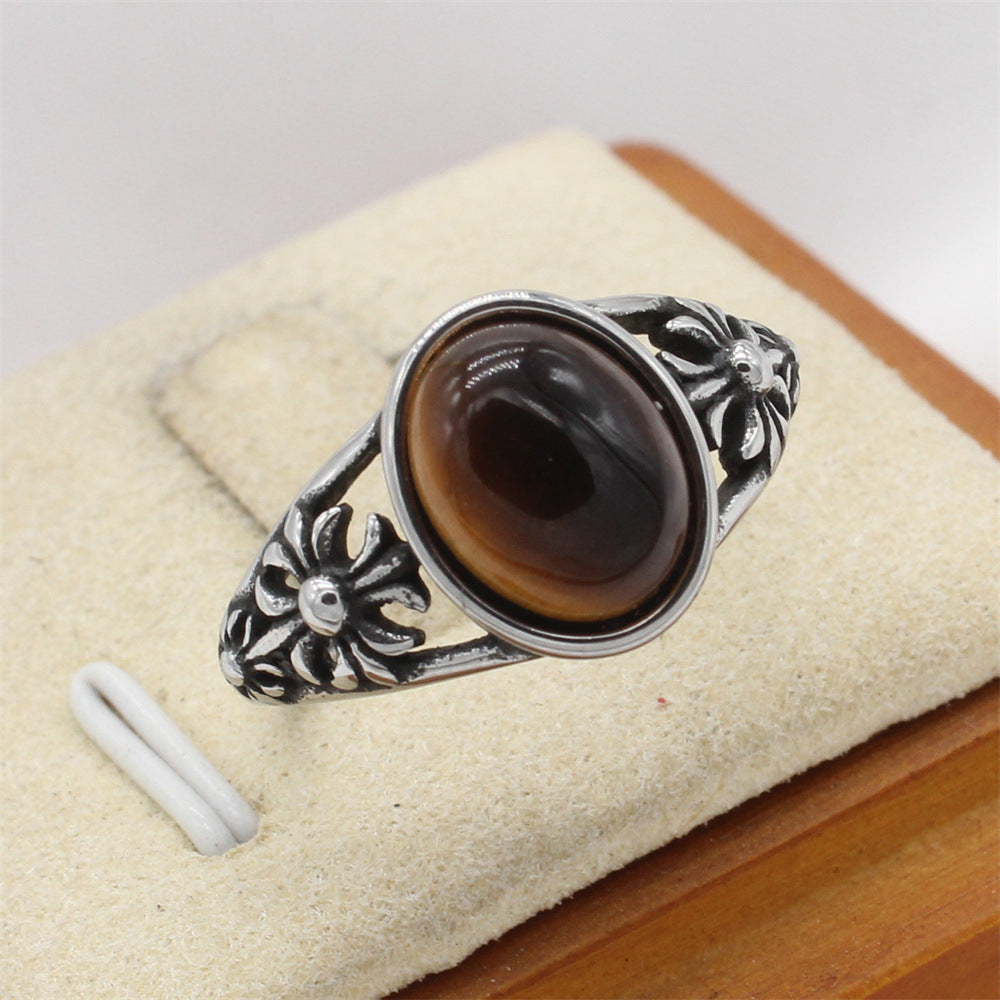 Planderful Titanium Steel Ring For Men Unisex Retro Cross Flower Oval Stone Durable