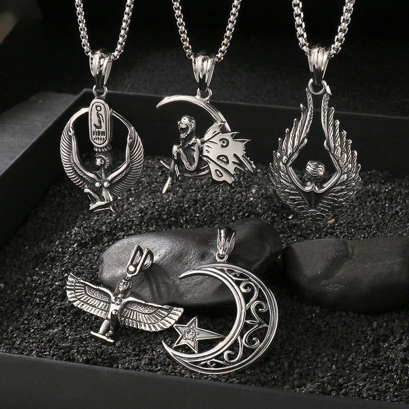 Planderful Retro Mens Titanium Steel Necklace Wings Pendant