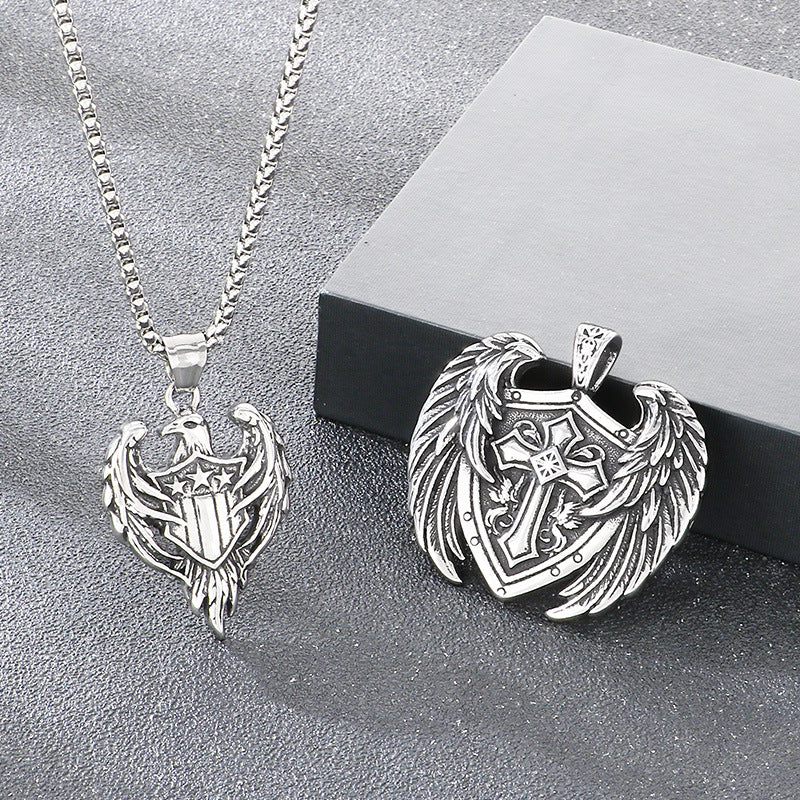 Viking Double Wolf Head Love Knot Pendant Punk Style Retro Cross Feathered Eagle Necklace
