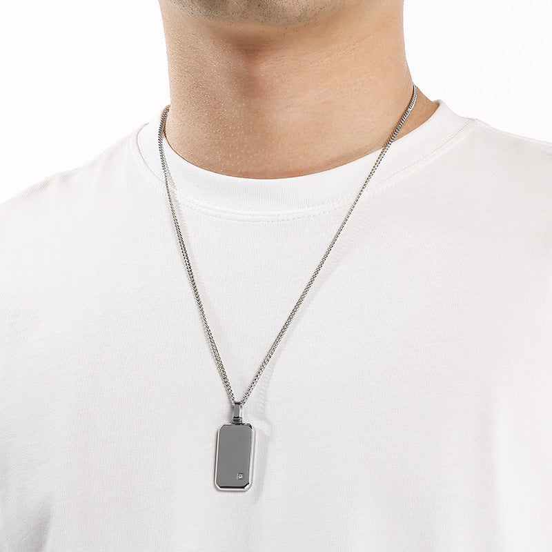 Minimalist Geometric Square Men's Zircon Necklace, Niche Stainless Steel Military Pendant