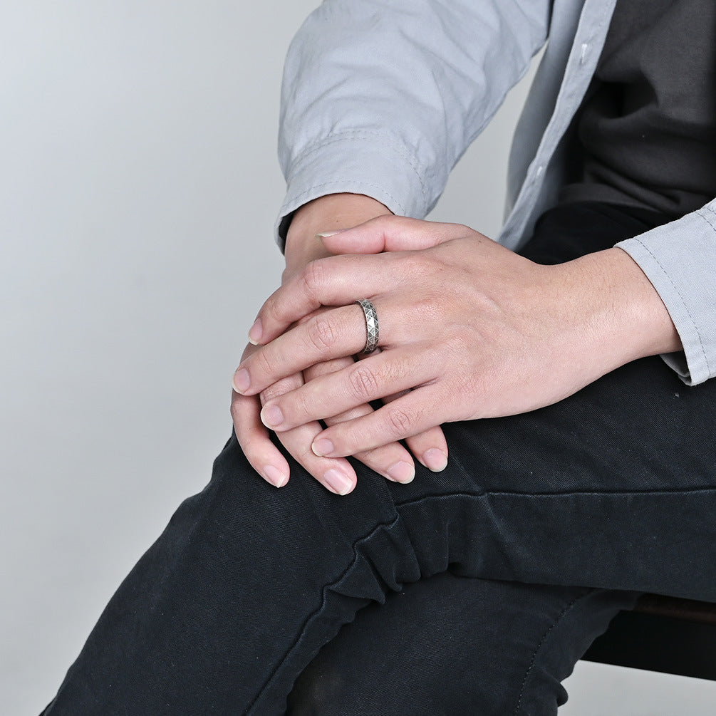 Titanium Steel Ring For Mens Nordic Retro Rhombus Viking Text Design Planderful Everyday Genie