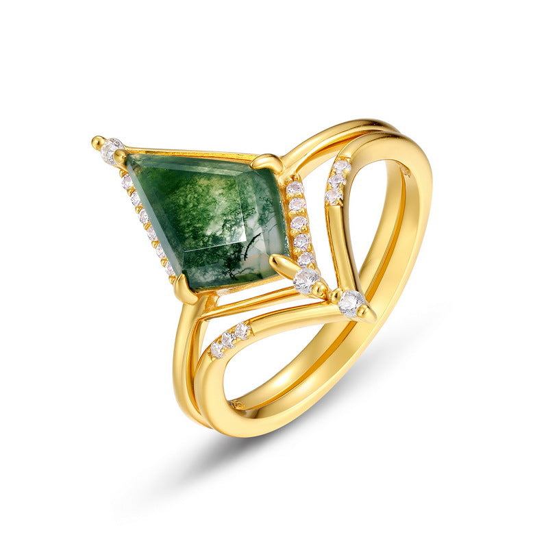 Planderful Jewelry Geometric Aquatic Agate Ring in S925 Silver Gold Plated V Shape