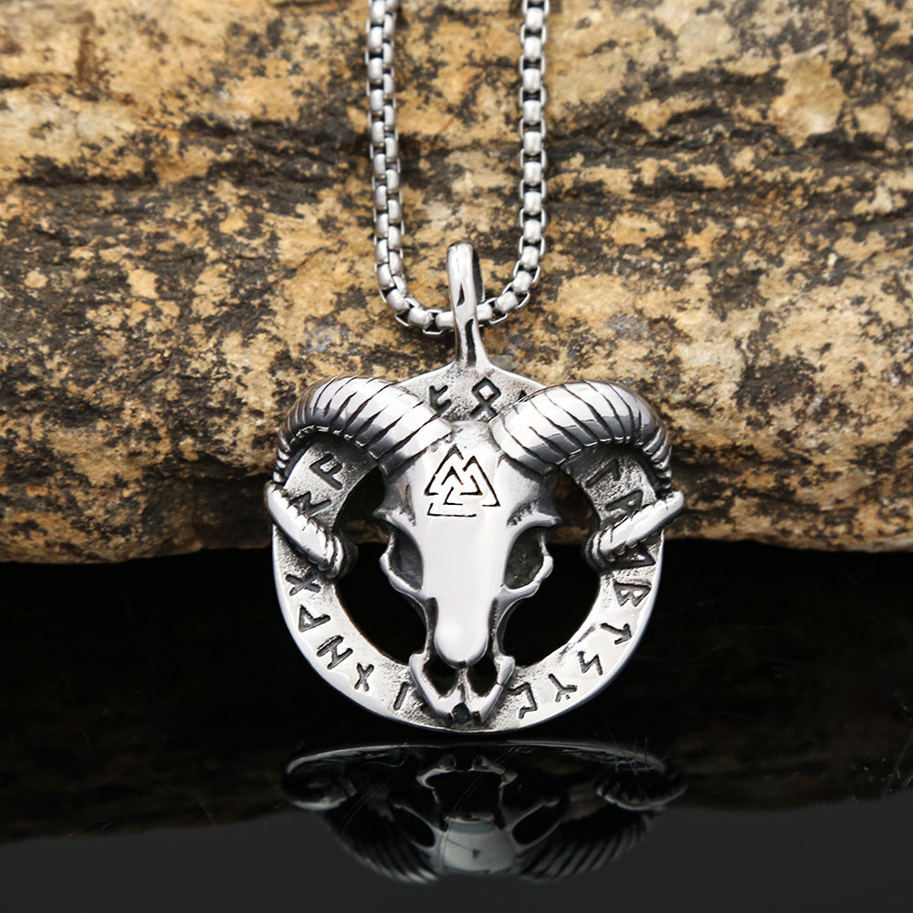 European And American Stars Retro Titanium Steel Necklace Male Viking Sheep Head Rune Triangle Logo Pendant Wholesale