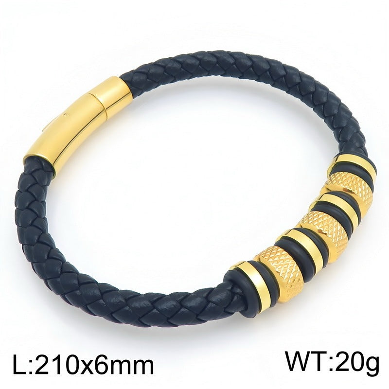 Rhombus Knurled Titanium Steel Ball Woven Microfiber Leather Magnetic Buckle Leather Bracelet