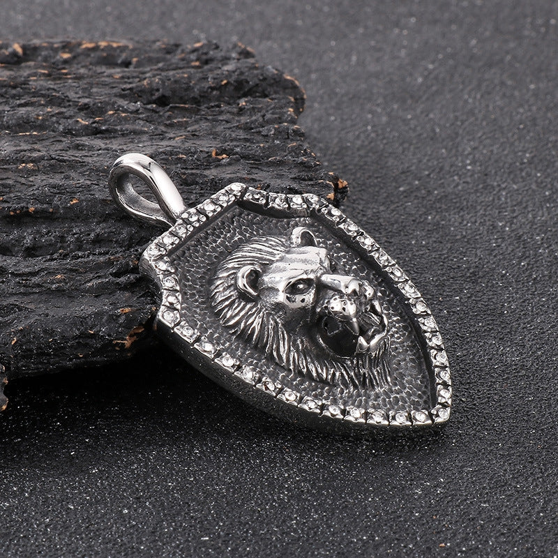 Retro Classic Hip-Hop Lion Head Shield Pendant with Zircon-Encrusted Wolf Head in Stainless Steel for Men