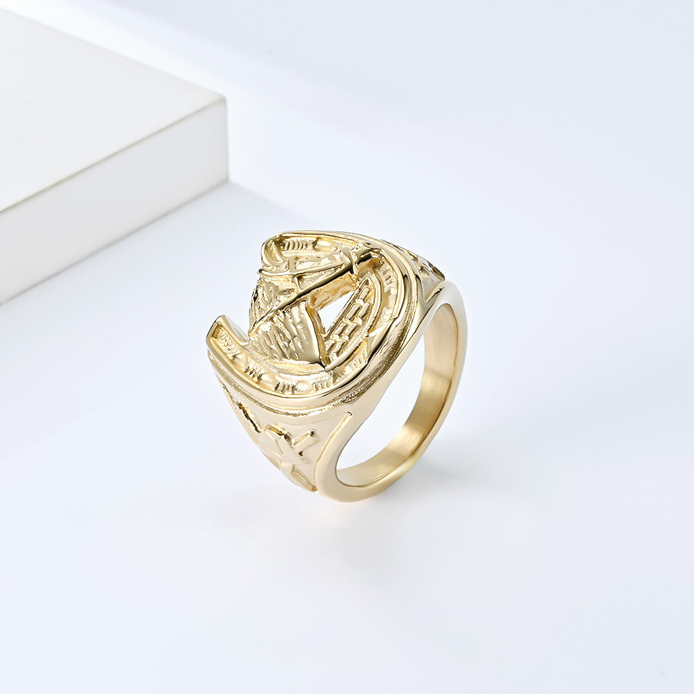 Retro Horse Head Horseshoe Titanium Steel Ring for Men