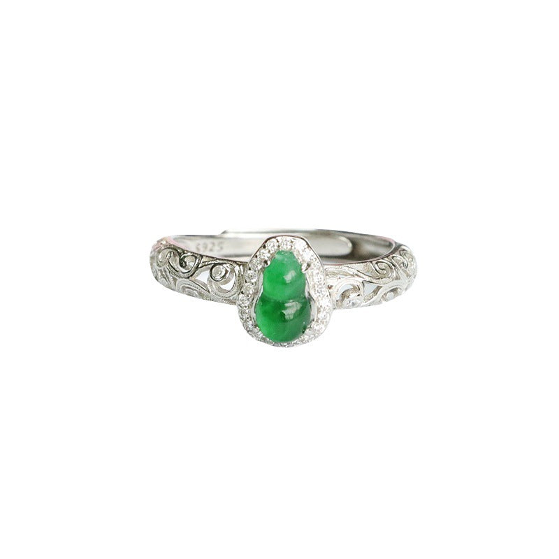 Hollow Sterling Silver Ring with Natural Ice Green Jade Gourd