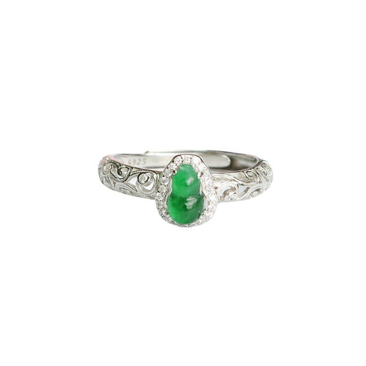 Icy Green Jadeite Gourd 925 Silver Adjustable Ring