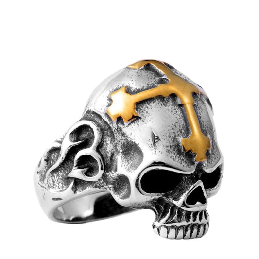 Titanium Steel Men's Skull and Zircon Cross Ring - European & American Trade Jewelry