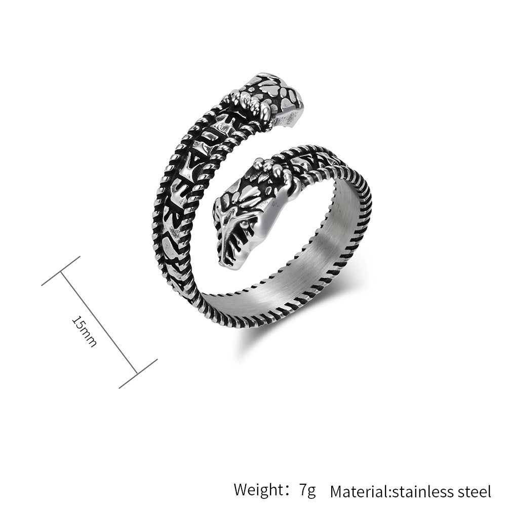 Planderful Viking Double Headed Snake Ring Durable Titanium Steel Retro Rune Unisex Hand Jewelry
