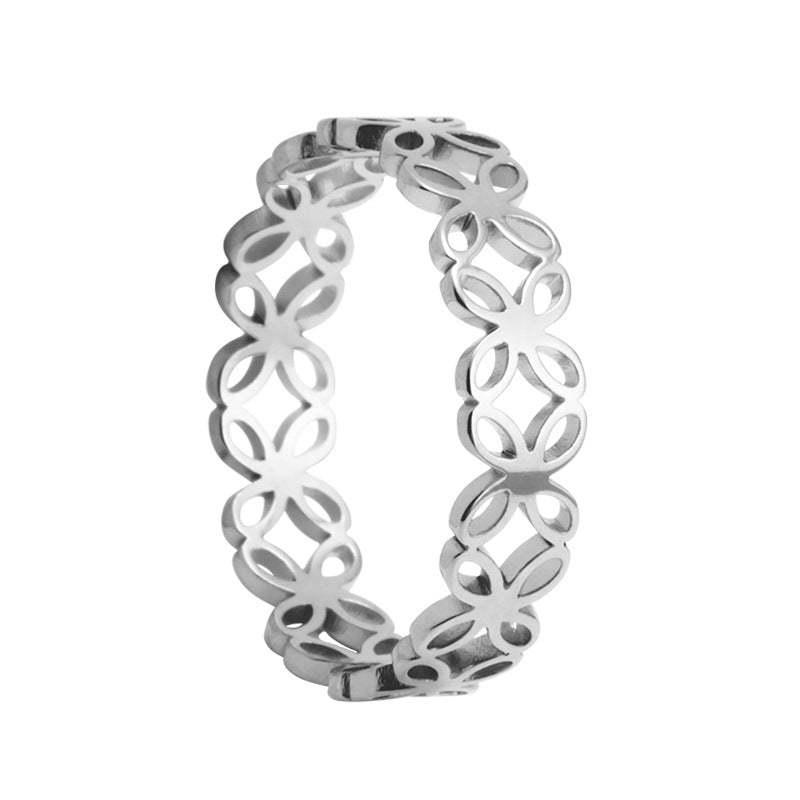 Four-Leaf Flower Hollow Titanium Couples Ring with Laser-Cut Japan & South Korea-Inspired Design