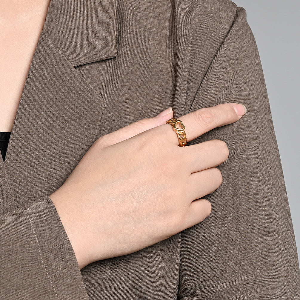Heart Cuban Chain Gold-Plated Stainless Steel Ring