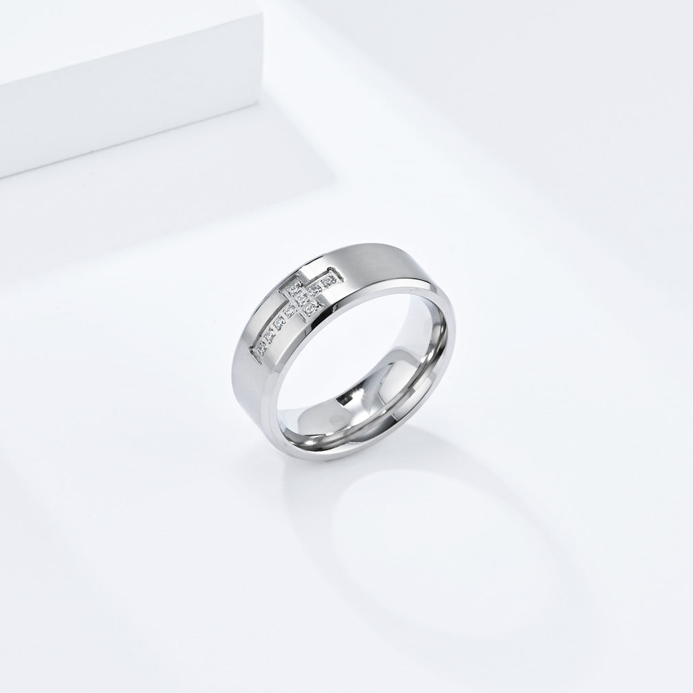 European And American Style Engraving Inlaid Zircon Cross Ring