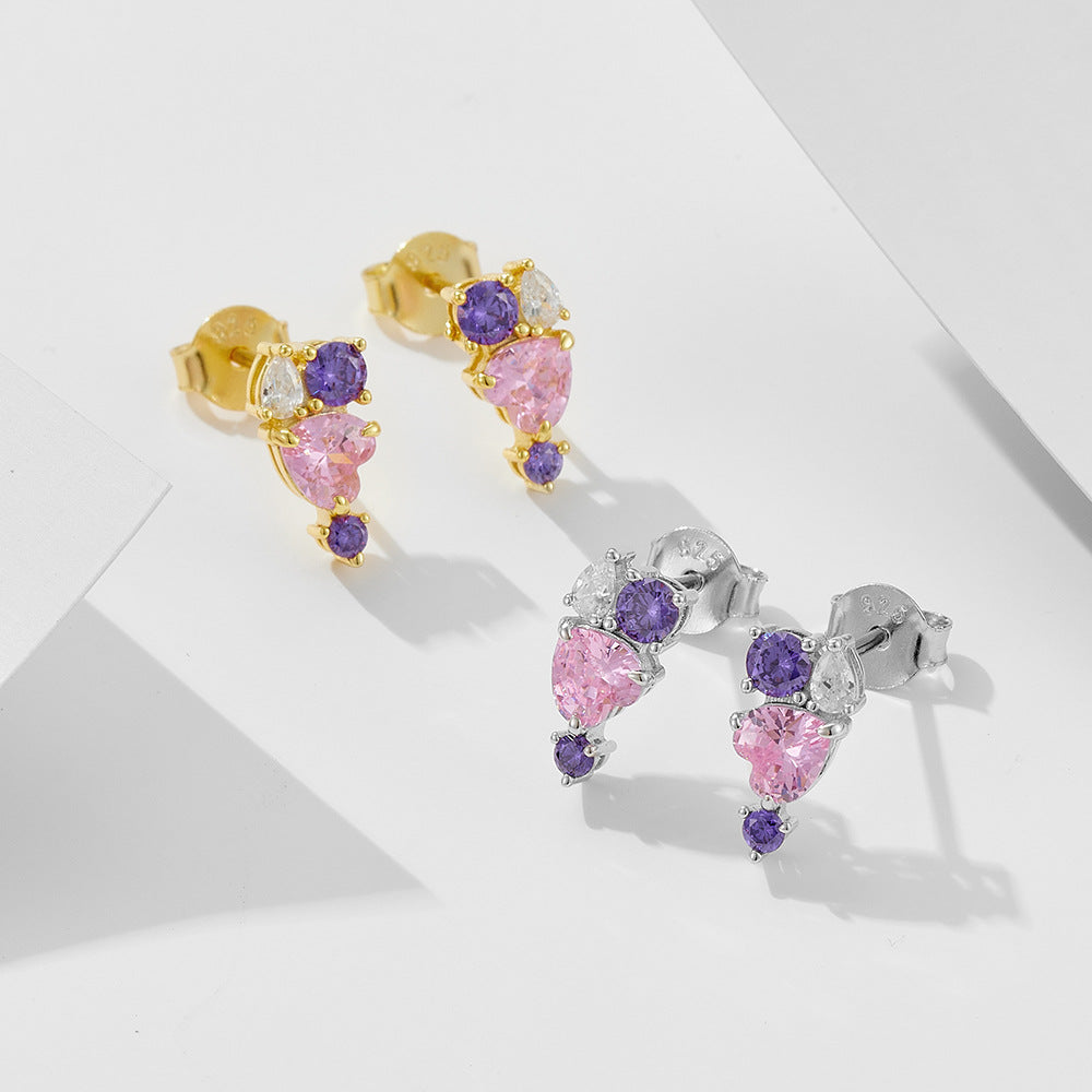 S925 Sterling Silver Heart-Shaped Pink Zircon Stud Earrings Colored Gemstone