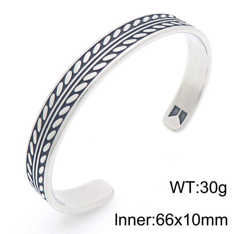 Antique Leaf Pattern C-Shaped Bracelet – Punk Style Leaf Pattern Twist Woven Stainless Steel