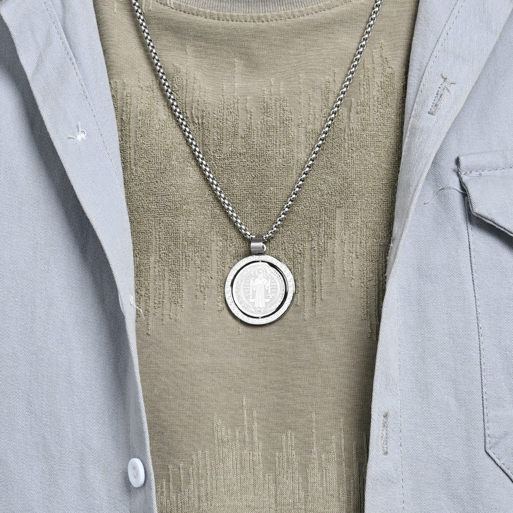 Planderful Exorcist Saint Benedict Necklace Titanium Rotating DoubleSided Pendant For Men