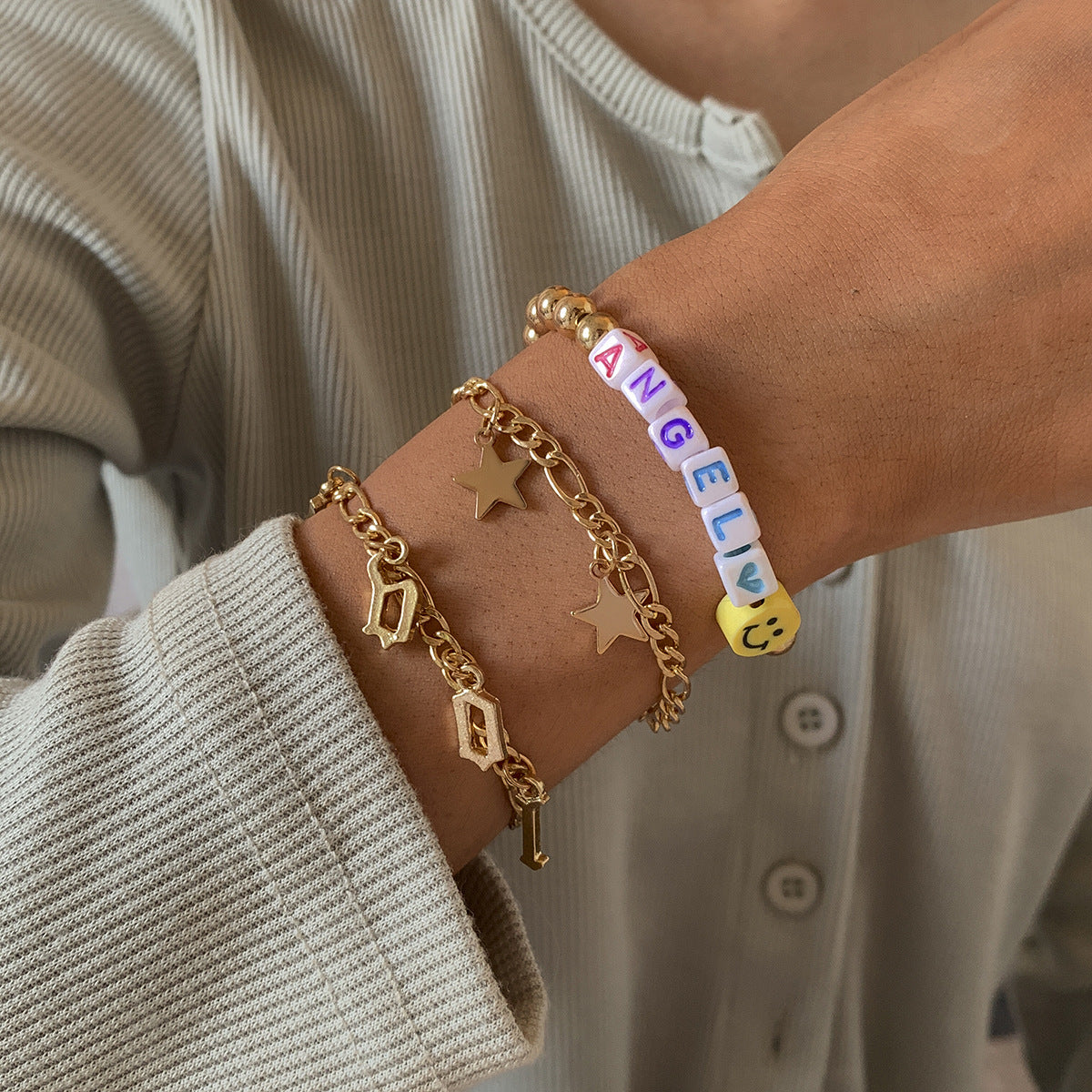 Planderful Vienna Verve Stackable Bracelets Set for Women with Fringed Smiley and Star Beads