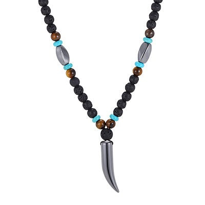 Men's Stainless Steel Volcanic Stone Tiger's Eye Stone Wolf Tooth Pendant Necklace Punk