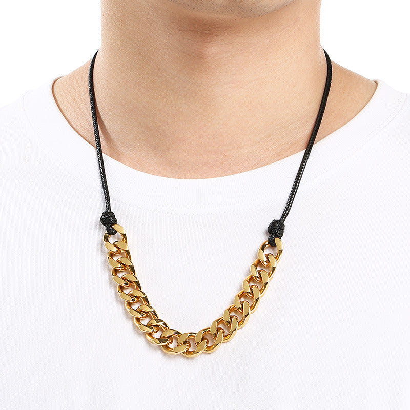 Vintage Necklace, Western Denim Black Wax Rope Splicing Cuban Chain, Long Adjustable Stainless