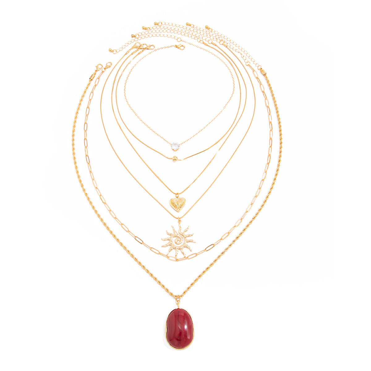 Vintage Red Gemstone-Style Layered Necklace