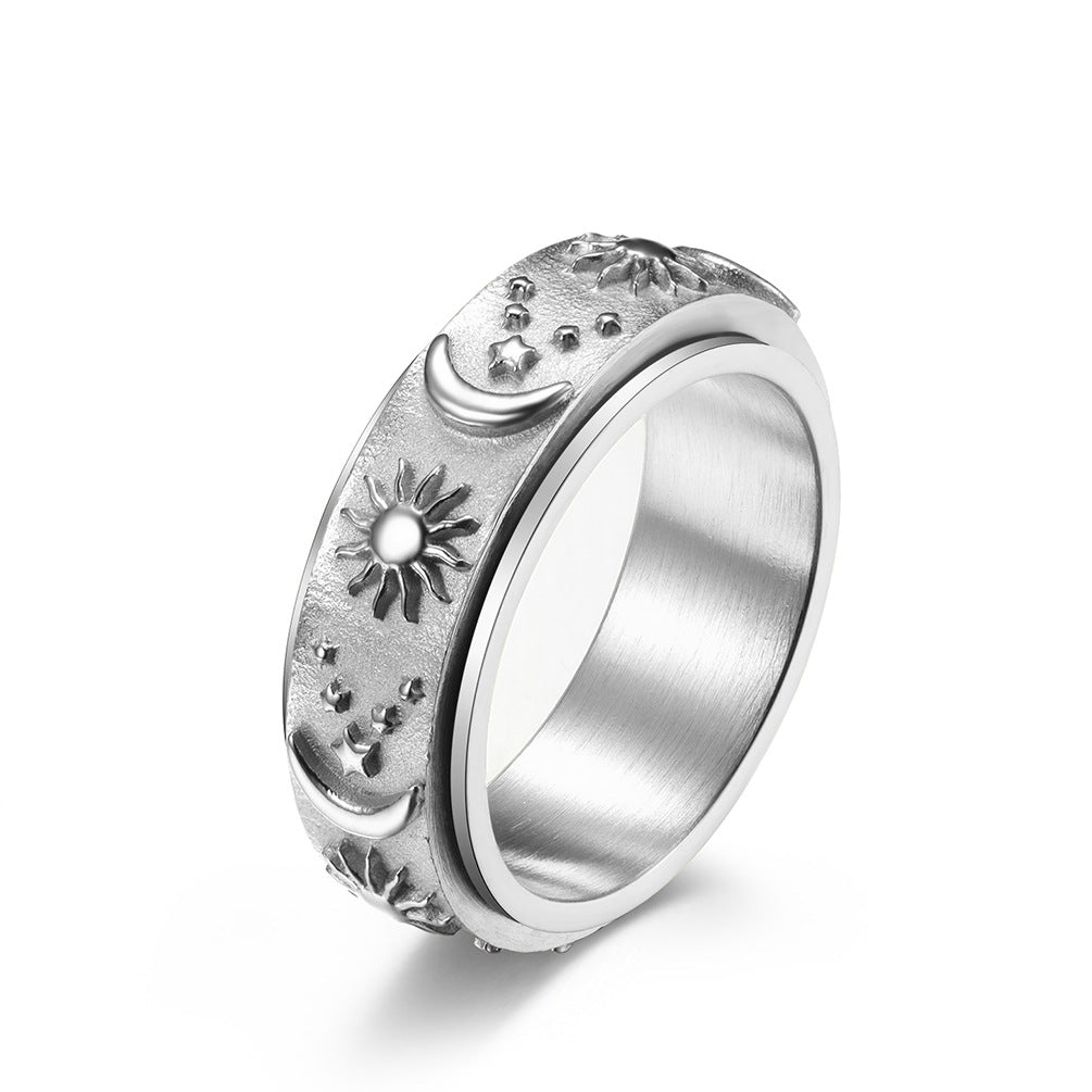 Planderful Unisex Titanium Steel Rotating Star Moon Sun Ring For Stress Relief And Daily Wear