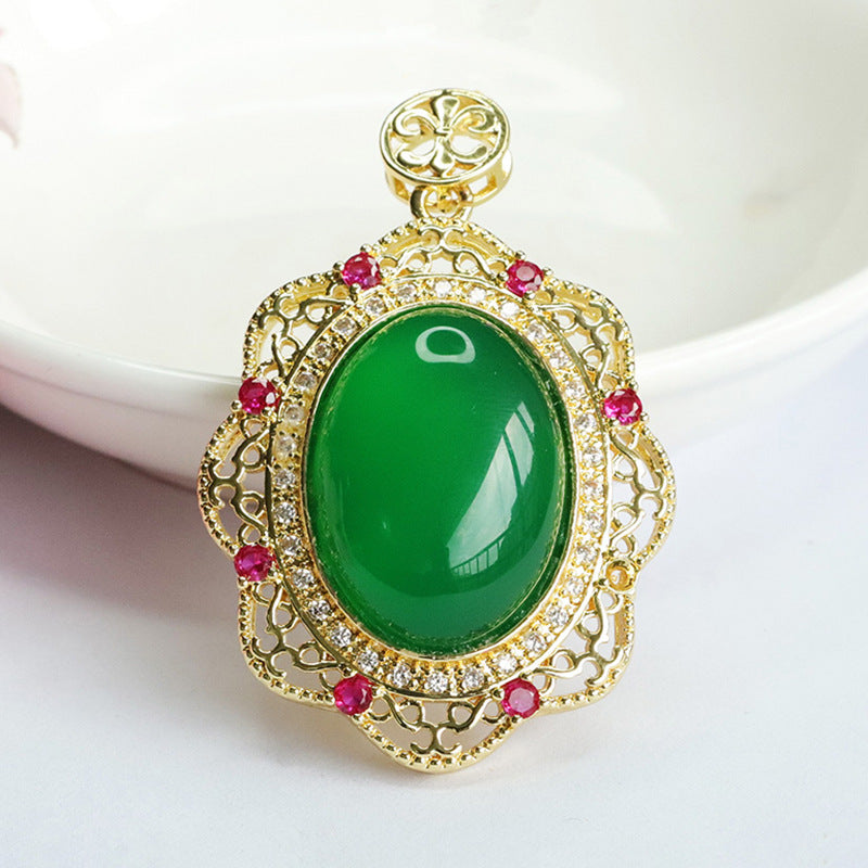 Green Chalcedony Zircon Flower Pendant with Oval Emperor Design