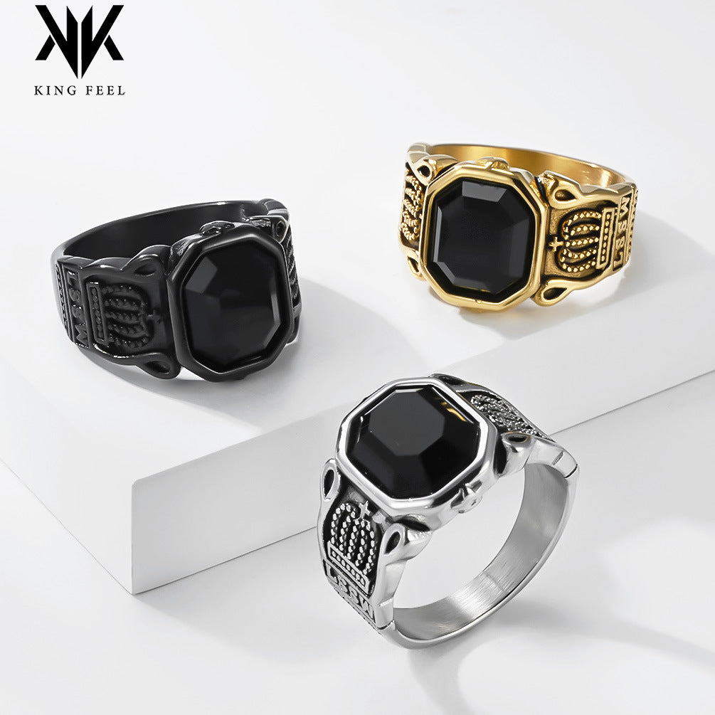 Stainless Steel Black Gemstone Crown Men's Ring