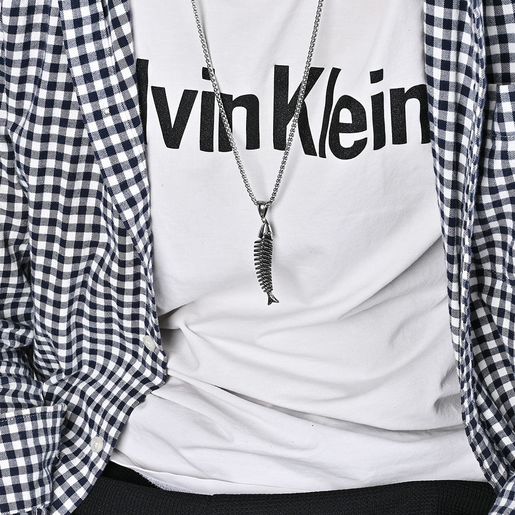 Planderful Fish Bone Necklace Unisex Titanium Steel Pendant Versatile Street Style Hipster Jewelry