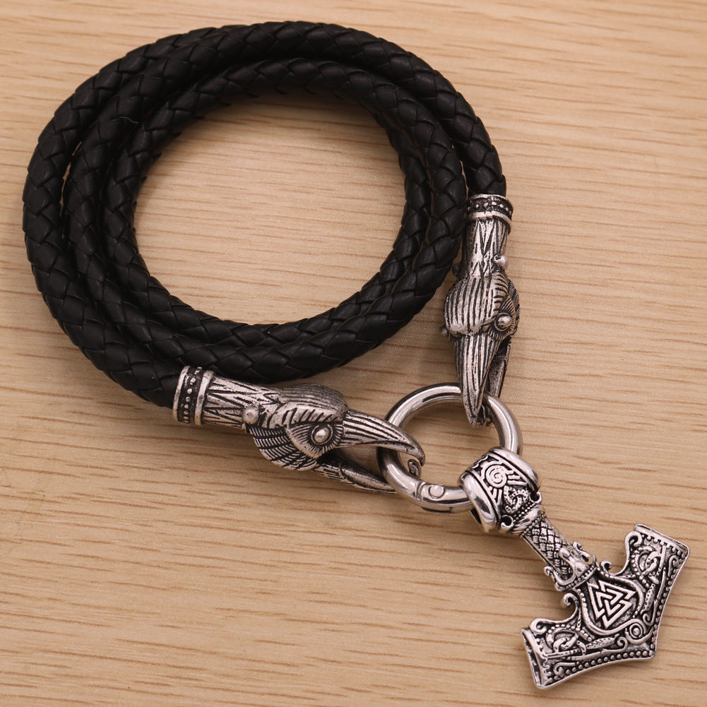 Viking Odin Thunder Hammer Necklace with Rune Characters and Crow Head Pendants