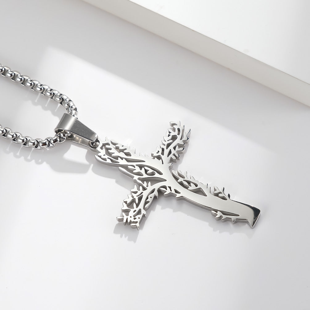 Stainless Steel Tree of Life Cross Necklace for Men and Women